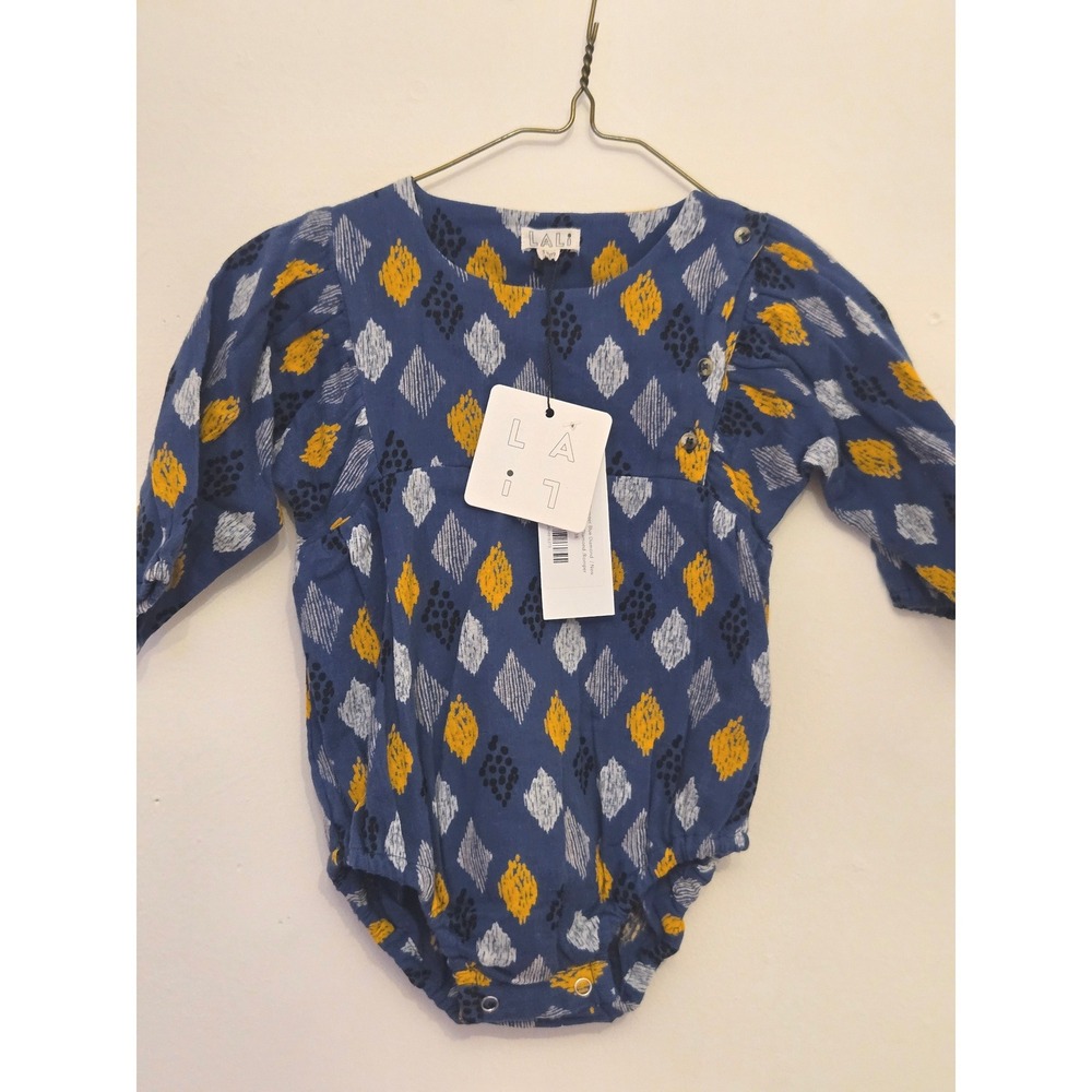 Lali Mila Romper Blue Diamond‎ Ikat Pattern Long Sleeve Bubble Romper 12-18M NWT